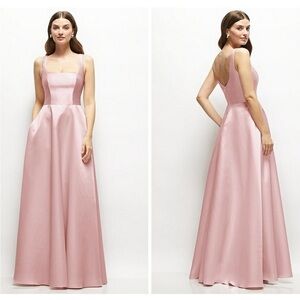 Dessy Collection Square Neck Full Skirt Pockets Pink Satin Twill Maxi Dress NWT